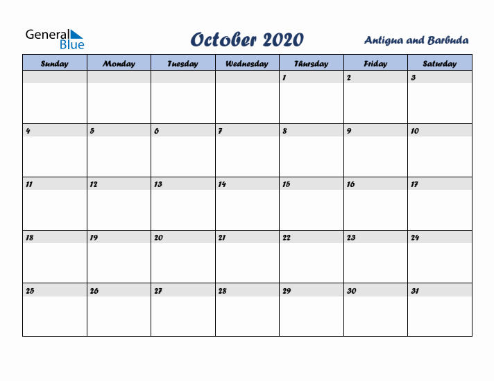 October 2020 Calendar with Holidays in Antigua and Barbuda