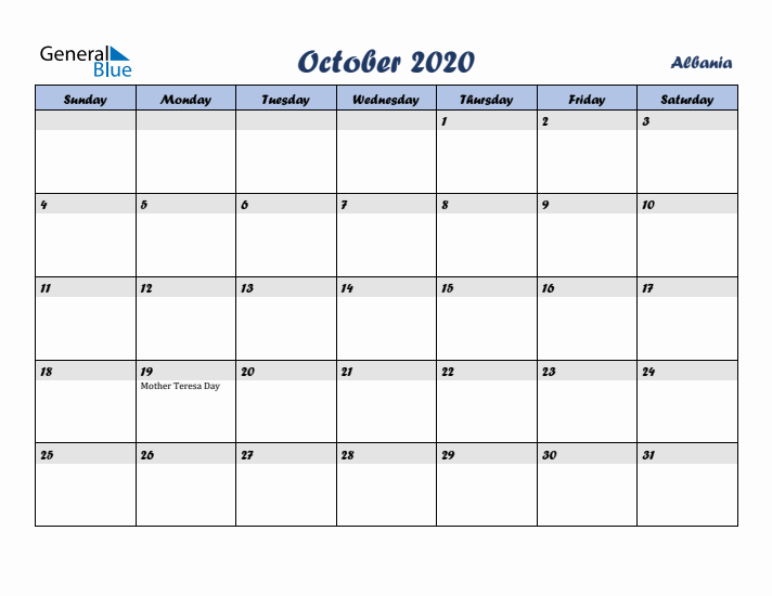October 2020 Calendar with Holidays in Albania