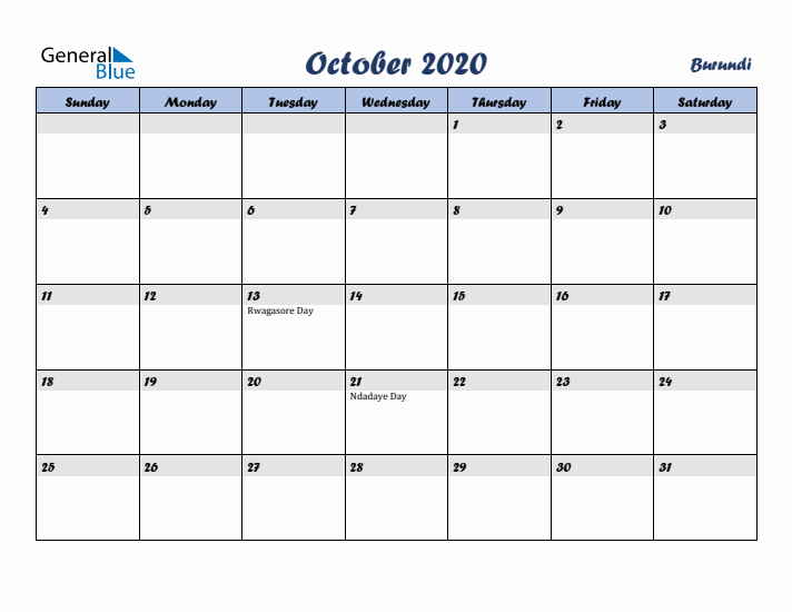 October 2020 Calendar with Holidays in Burundi