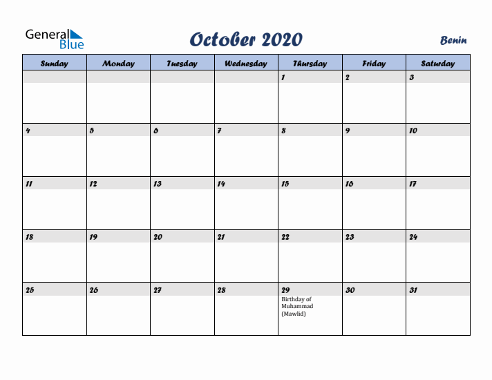 October 2020 Calendar with Holidays in Benin