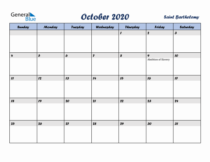 October 2020 Calendar with Holidays in Saint Barthelemy