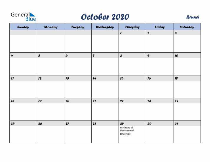 October 2020 Calendar with Holidays in Brunei