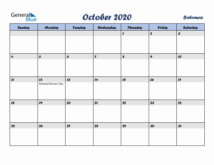 October 2020 Calendar with Holidays in Bahamas