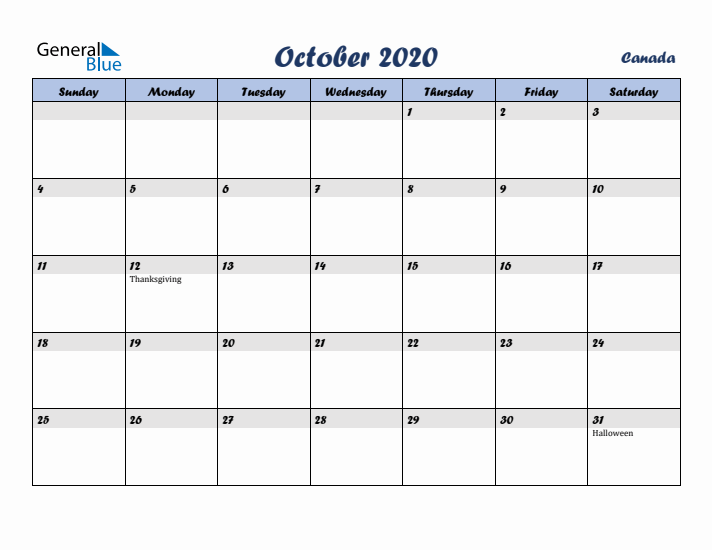 October 2020 Calendar with Holidays in Canada
