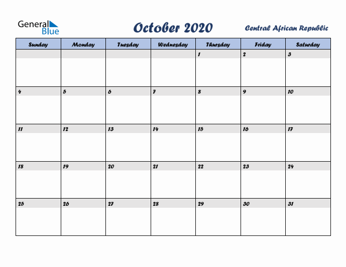October 2020 Calendar with Holidays in Central African Republic