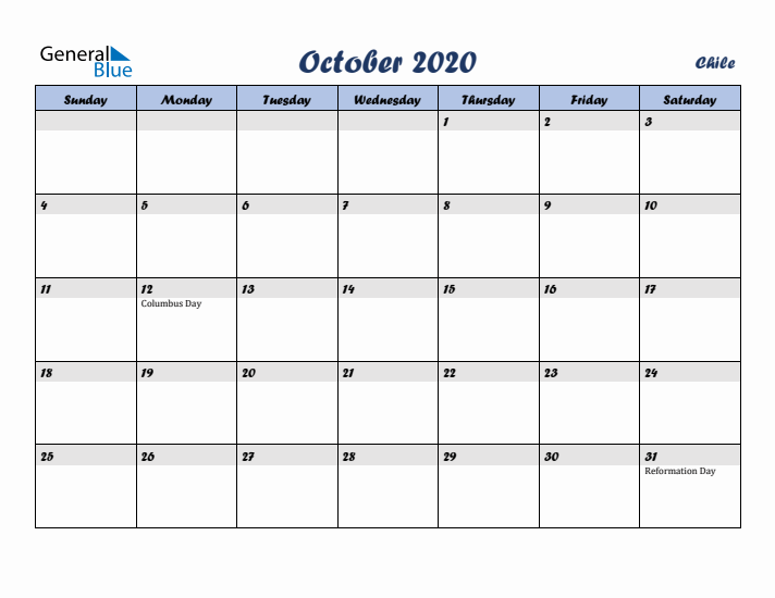 October 2020 Calendar with Holidays in Chile