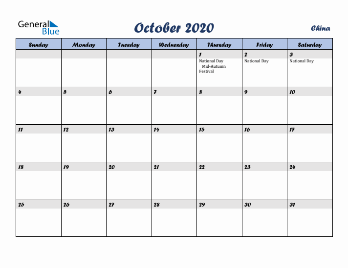 October 2020 Calendar with Holidays in China