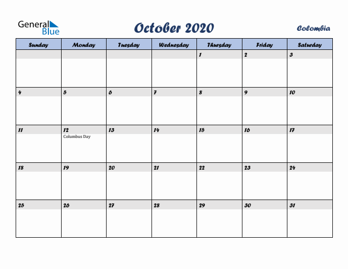 October 2020 Calendar with Holidays in Colombia