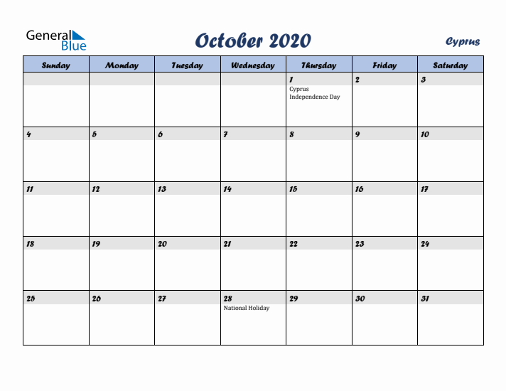 October 2020 Calendar with Holidays in Cyprus