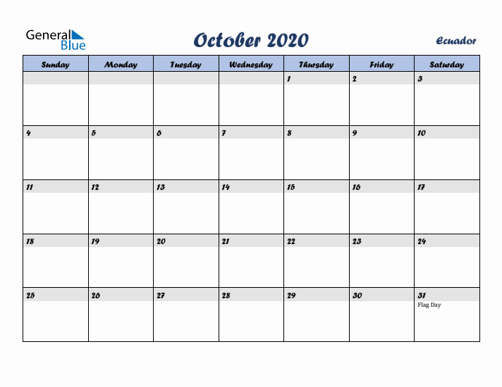 October 2020 Calendar with Holidays in Ecuador