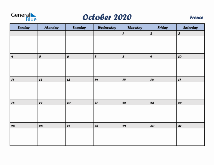October 2020 Calendar with Holidays in France