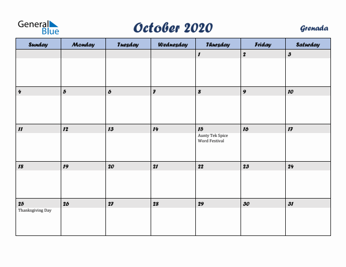 October 2020 Calendar with Holidays in Grenada