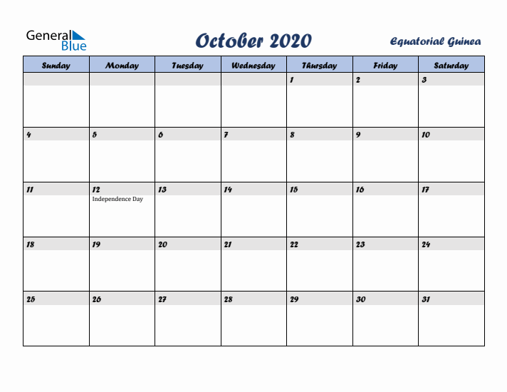 October 2020 Calendar with Holidays in Equatorial Guinea