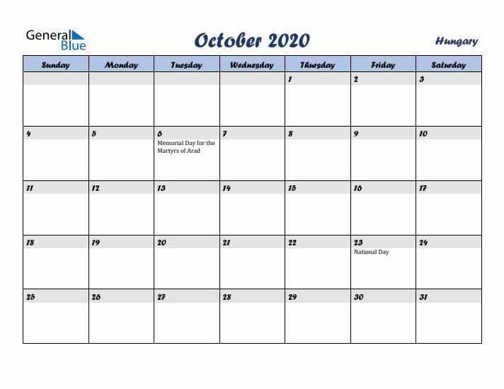 October 2020 Calendar with Holidays in Hungary