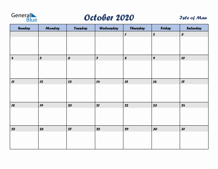October 2020 Calendar with Holidays in Isle of Man