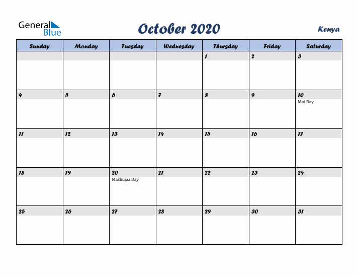October 2020 Calendar with Holidays in Kenya