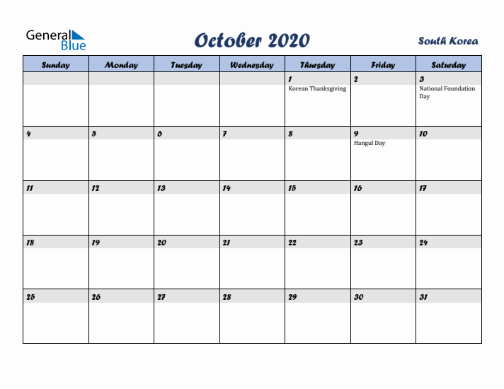October 2020 Calendar with Holidays in South Korea