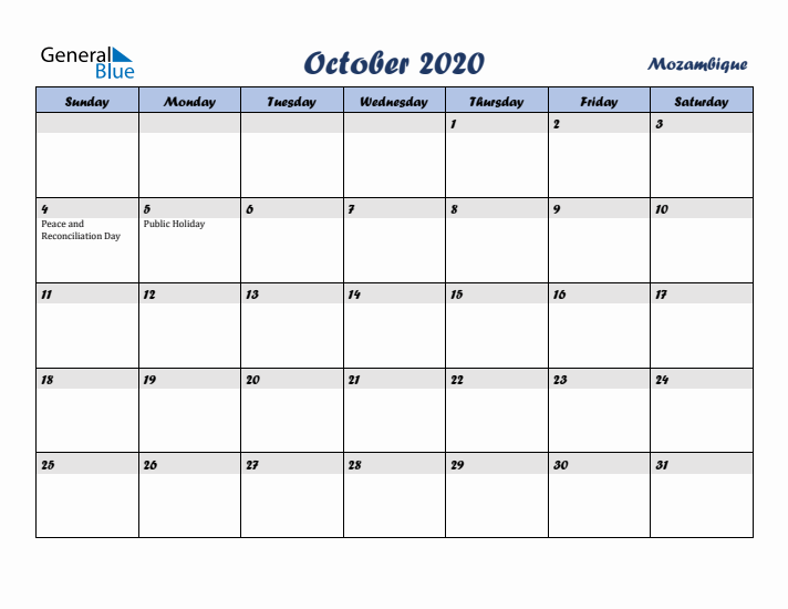 October 2020 Calendar with Holidays in Mozambique