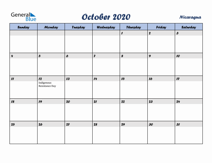October 2020 Calendar with Holidays in Nicaragua