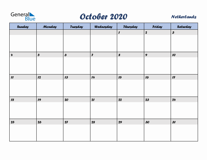 October 2020 Calendar with Holidays in The Netherlands