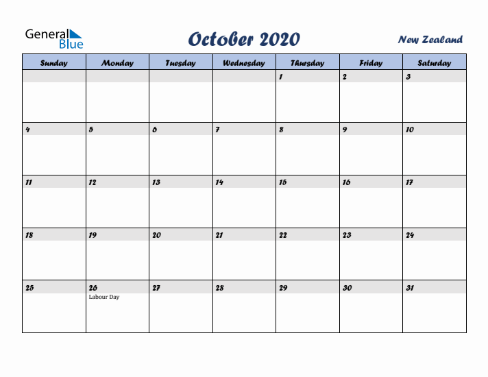 October 2020 Calendar with Holidays in New Zealand
