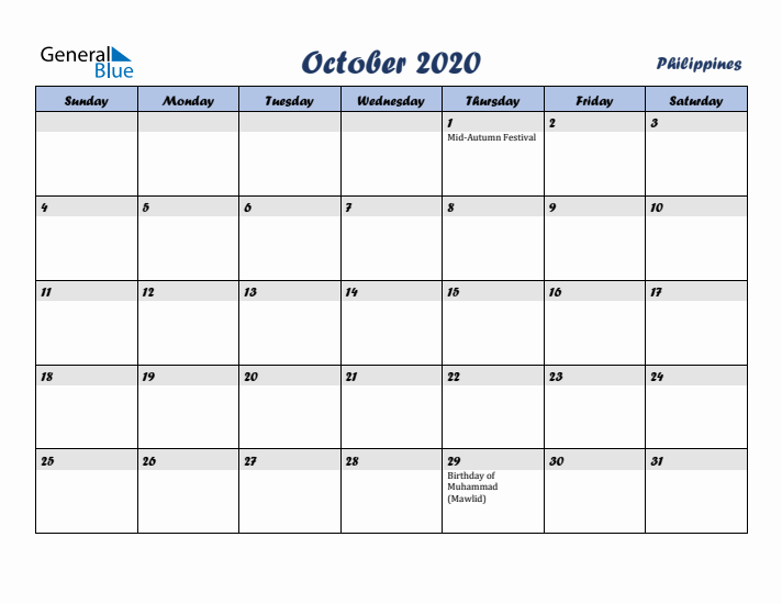 October 2020 Calendar with Holidays in Philippines