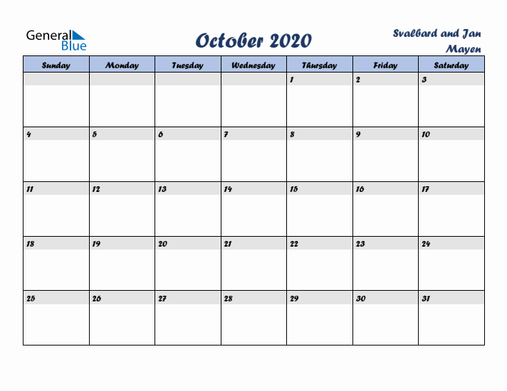 October 2020 Calendar with Holidays in Svalbard and Jan Mayen