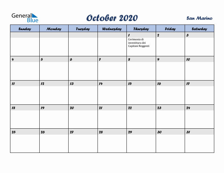 October 2020 Calendar with Holidays in San Marino