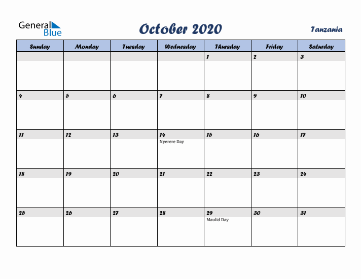 October 2020 Calendar with Holidays in Tanzania