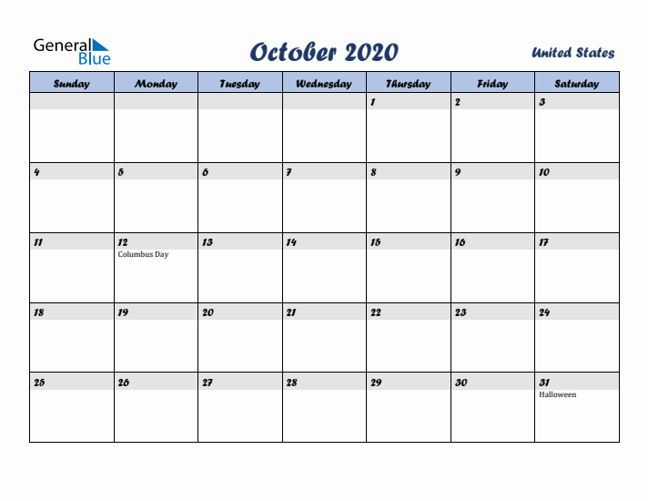 October 2020 Calendar with Holidays in United States