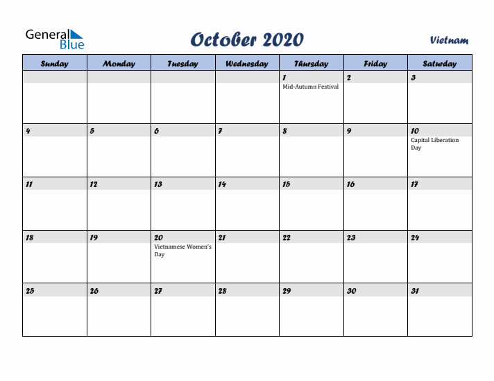 October 2020 Calendar with Holidays in Vietnam