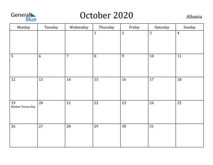 October 2020 Calendar Albania