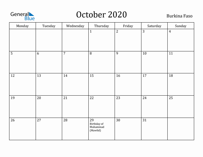 October 2020 Calendar Burkina Faso