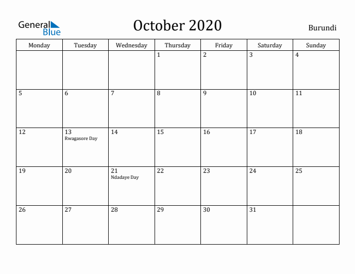 October 2020 Calendar Burundi