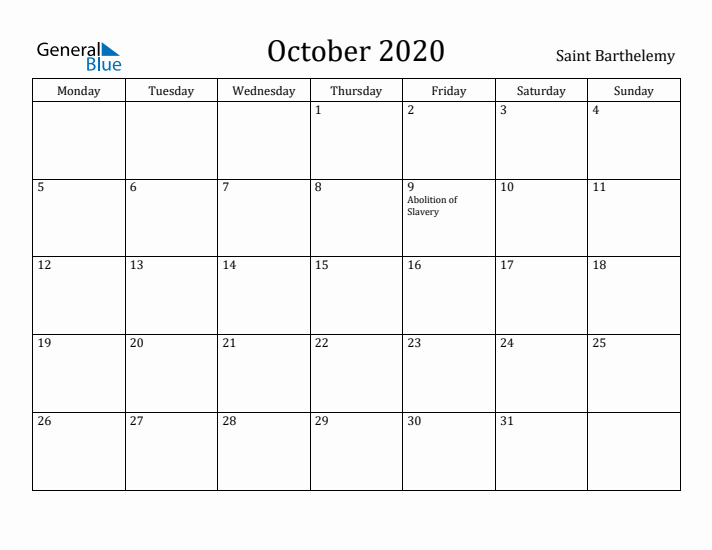 October 2020 Calendar Saint Barthelemy
