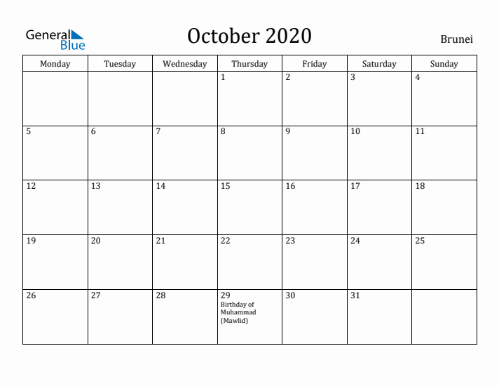 October 2020 Calendar Brunei