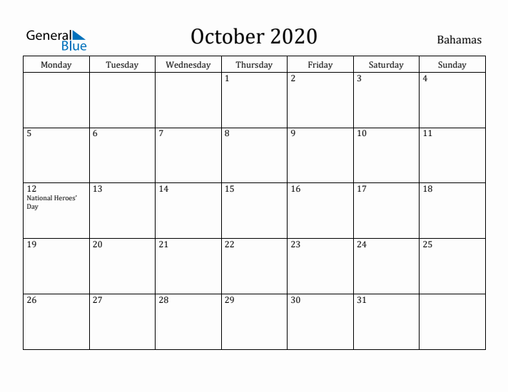 October 2020 Calendar Bahamas