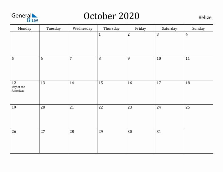 October 2020 Calendar Belize