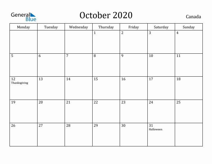 October 2020 Calendar Canada