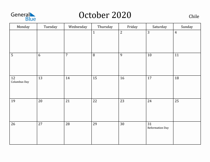 October 2020 Calendar Chile