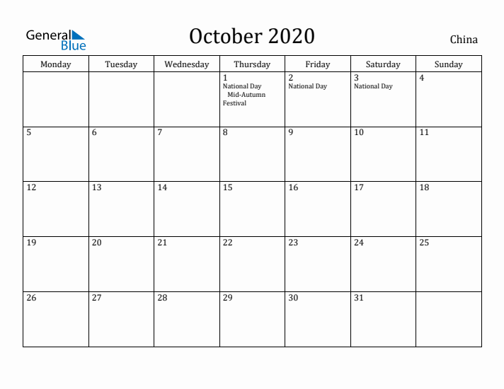 October 2020 Calendar China