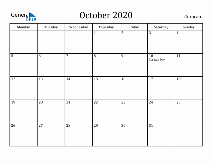 October 2020 Calendar Curacao