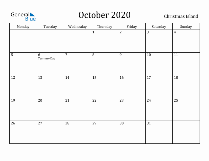 October 2020 Calendar Christmas Island