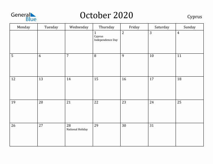 October 2020 Calendar Cyprus