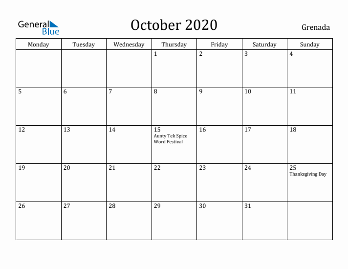 October 2020 Calendar Grenada