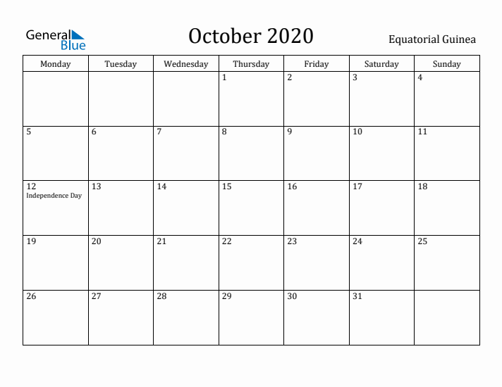 October 2020 Calendar Equatorial Guinea