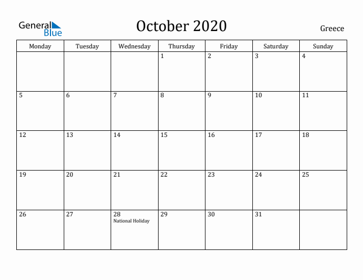 October 2020 Calendar Greece