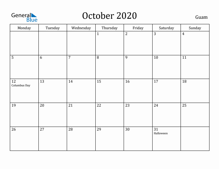 October 2020 Calendar Guam