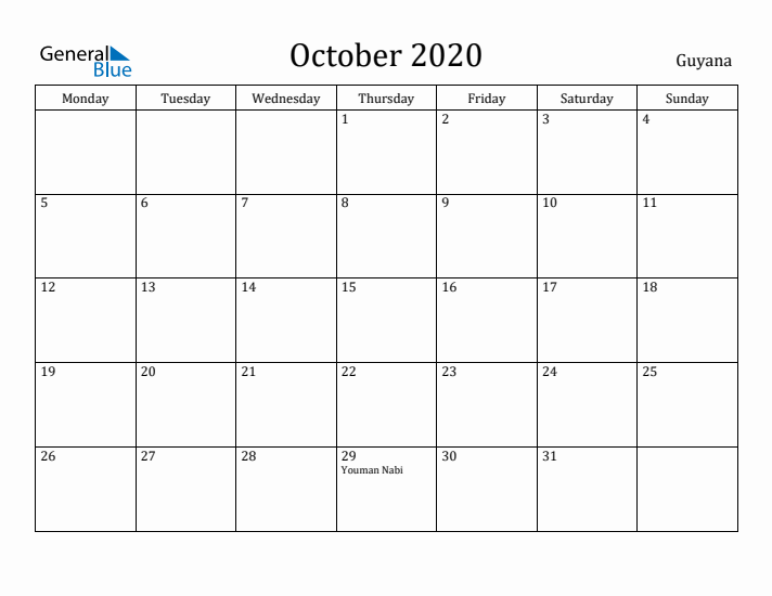 October 2020 Calendar Guyana