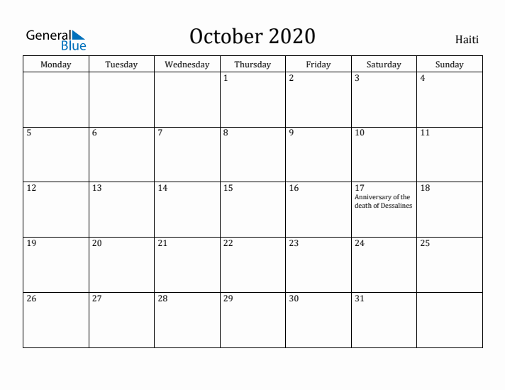 October 2020 Calendar Haiti